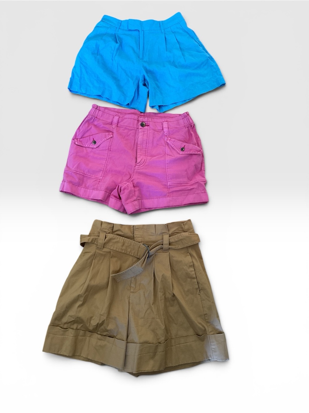 A new day -Waist Belted Paperbag Shorts — Olive Green, pink shorts & blue shorts
